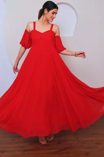 Red solid georgette long dress for women