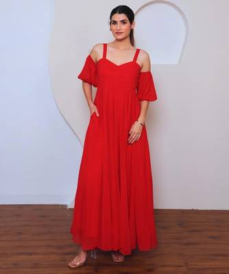 Red solid georgette long dress for women 3