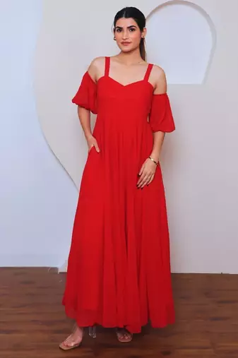 Red solid georgette long dress for women
