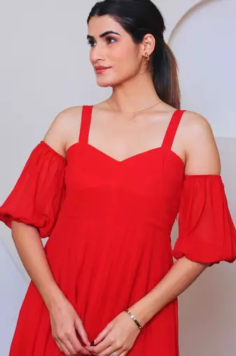 Red solid georgette long dress for women