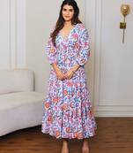 Pink floral printed cotton tiered maxi dress for women