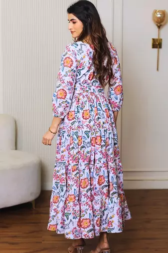 Pink floral printed cotton tiered maxi dress for women