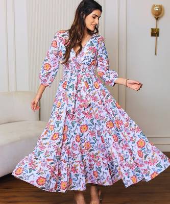 Pink floral printed cotton tiered maxi dress for women 3