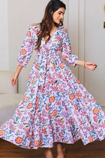 Pink floral printed cotton tiered maxi dress for women