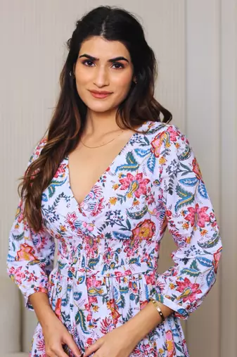 Pink floral printed cotton tiered maxi dress for women