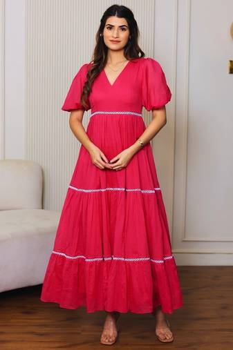 Pink solid cotton maxi dress for women