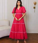 Pink solid cotton maxi dress for women