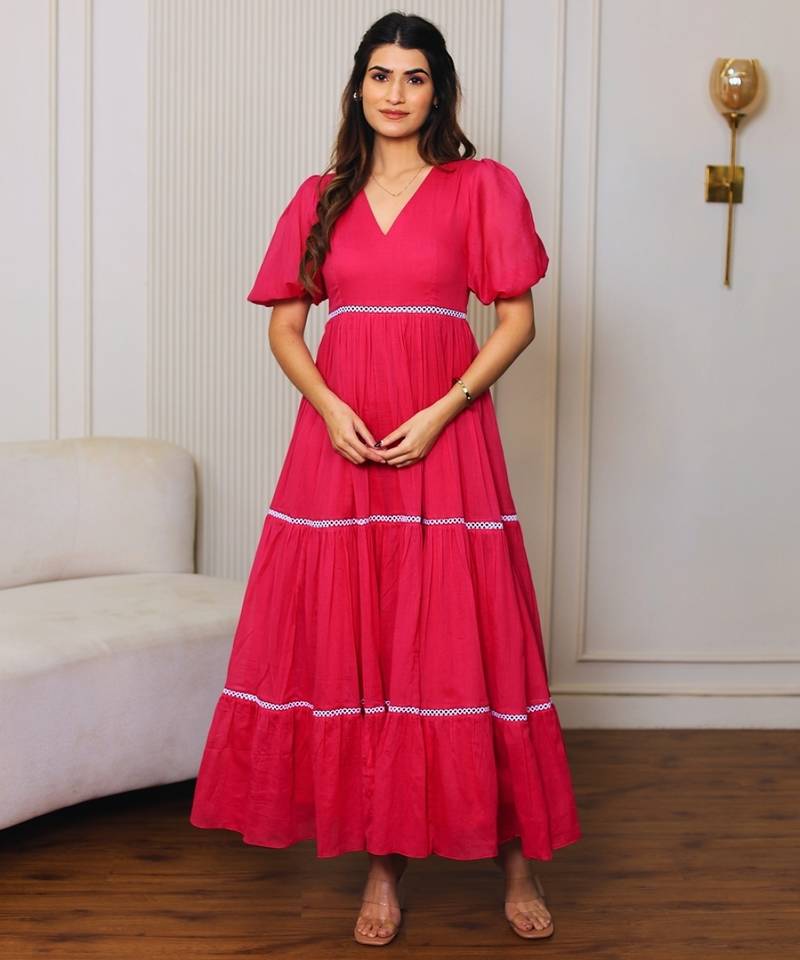 Pink solid cotton maxi dress for women