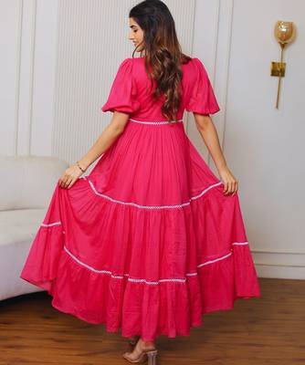 Pink solid cotton maxi dress for women 2