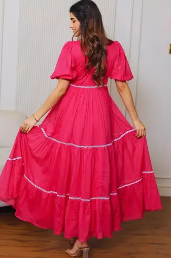 Pink solid cotton maxi dress for women