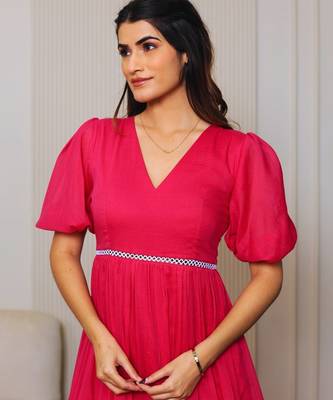 Pink solid cotton maxi dress for women 3