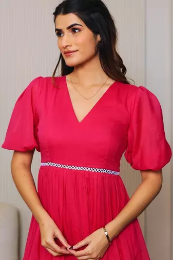 Pink solid cotton maxi dress for women