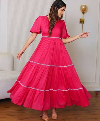 Pink solid cotton maxi dress for women 4