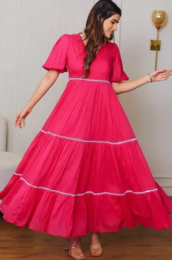 Pink solid cotton maxi dress for women