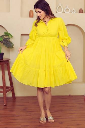 Yellow solid cotton a-line dress for women