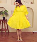 Yellow solid cotton a-line dress for women