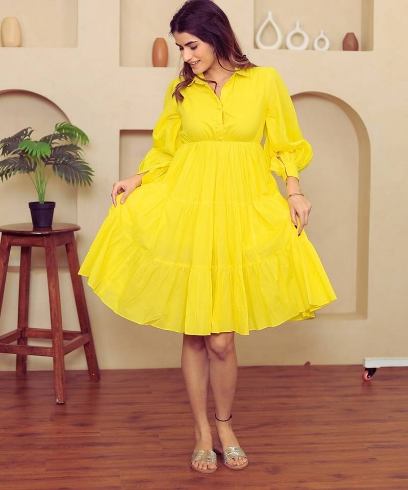 Yellow solid cotton a-line dress for women