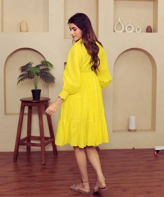 Yellow solid cotton a-line dress for women 2