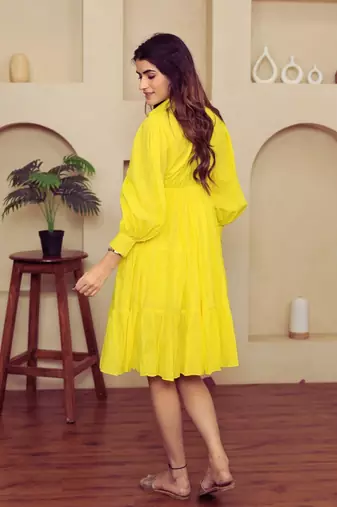 Yellow solid cotton a-line dress for women