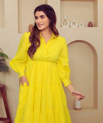 Yellow solid cotton a-line dress for women 3