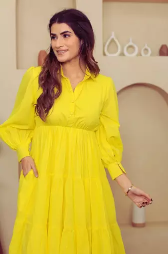 Yellow solid cotton a-line dress for women