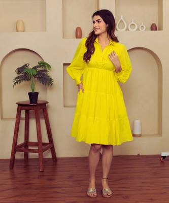 Yellow solid cotton a-line dress for women 4