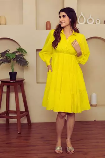 Yellow solid cotton a-line dress for women