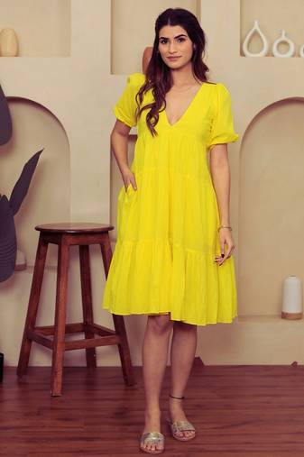 Yellow solid cotton a-line dress for women