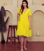 Yellow solid cotton a-line dress for women