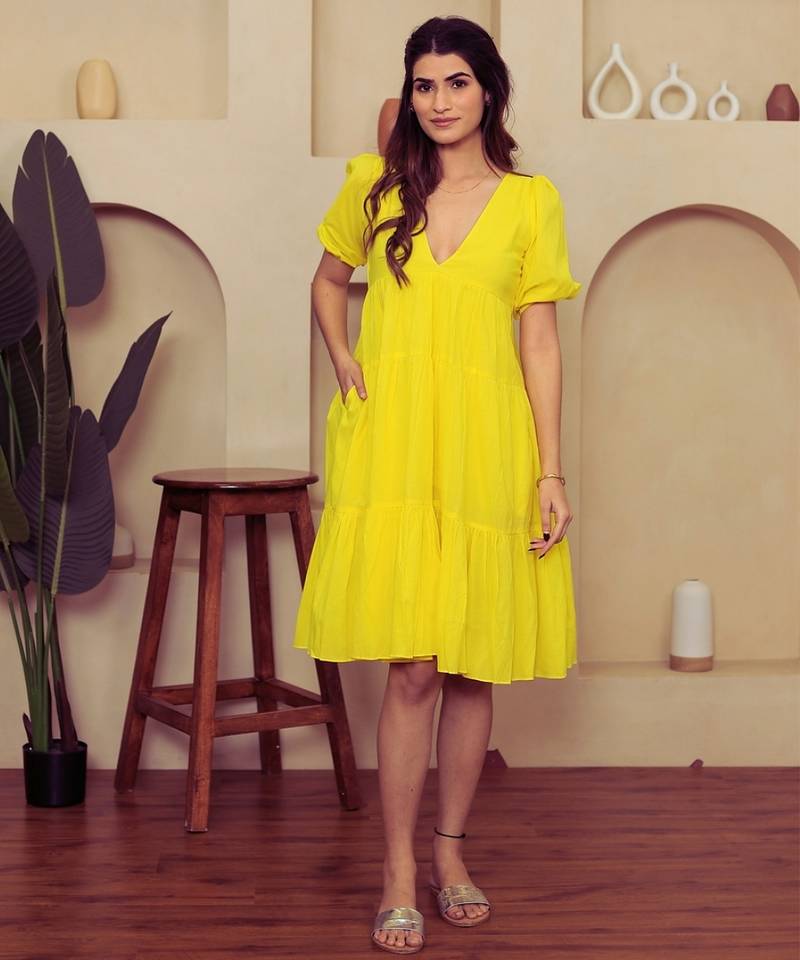 Yellow solid cotton a-line dress for women