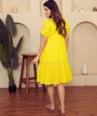 Yellow solid cotton a-line dress for women 2