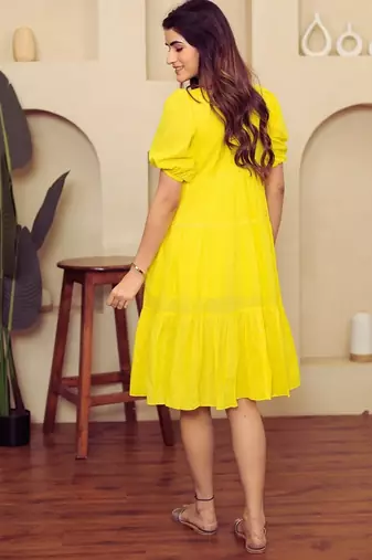 Yellow solid cotton a-line dress for women