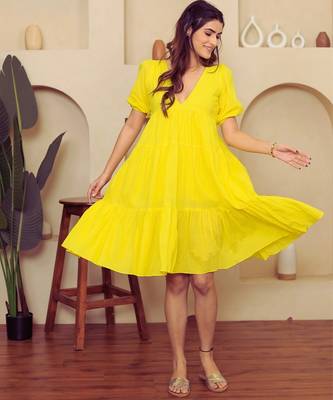 Yellow solid cotton a-line dress for women 3