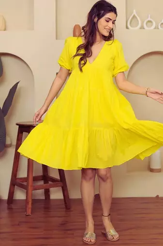 Yellow solid cotton a-line dress for women