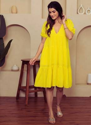 Yellow solid cotton a-line dress for women 4