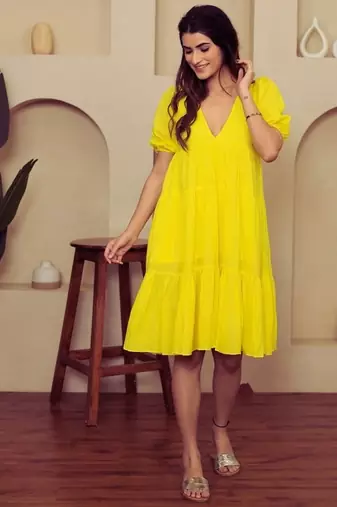 Yellow solid cotton a-line dress for women