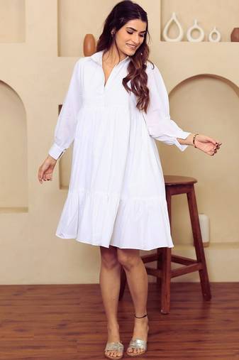 White solid cotton a-line dress for women