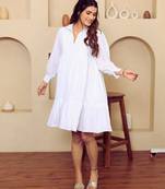 White solid cotton a-line dress for women