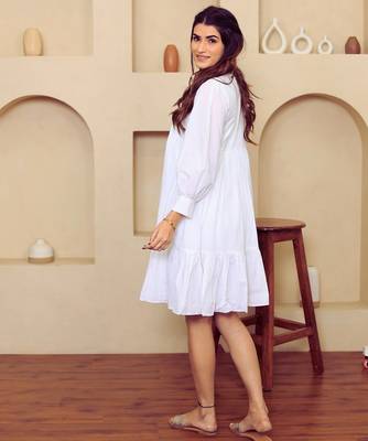 White solid cotton a-line dress for women 2