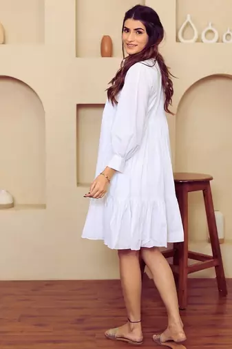 White solid cotton a-line dress for women