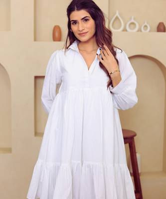 White solid cotton a-line dress for women 3