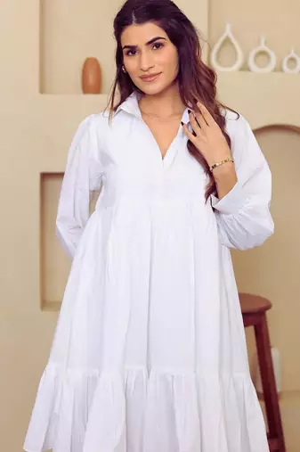 White solid cotton a-line dress for women