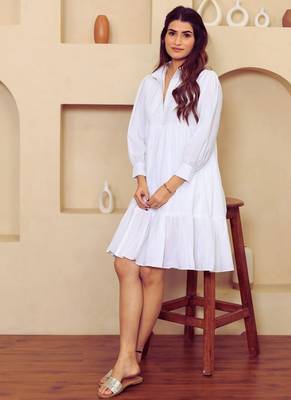 White solid cotton a-line dress for women 4