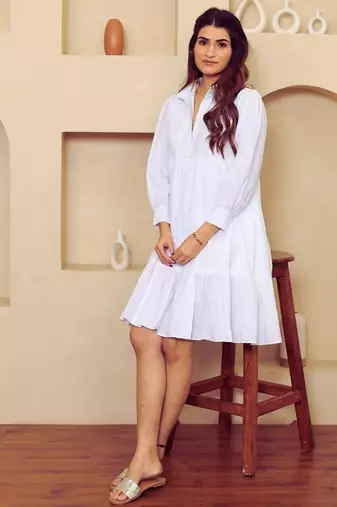 White solid cotton a-line dress for women