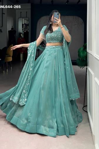 sea green silk blend embroidered lehenga choli