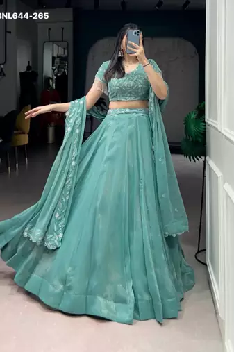 sea green silk blend embroidered lehenga choli