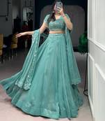 sea green silk blend embroidered lehenga choli