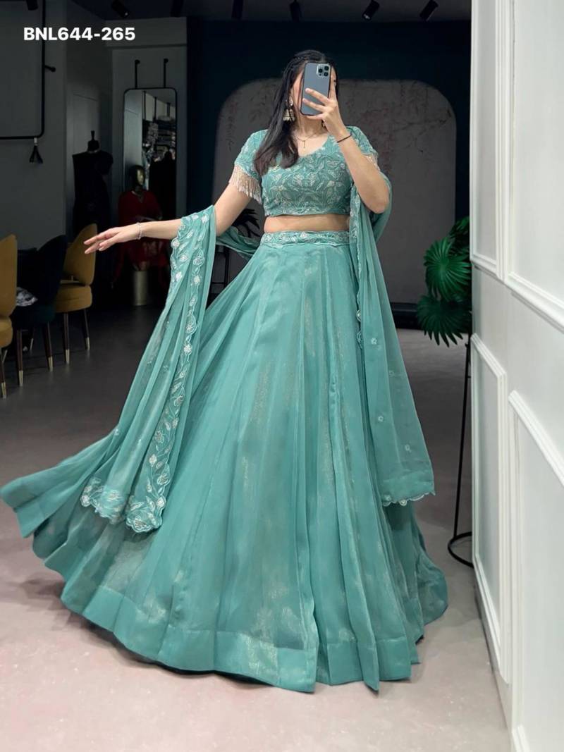 sea green silk blend embroidered lehenga choli