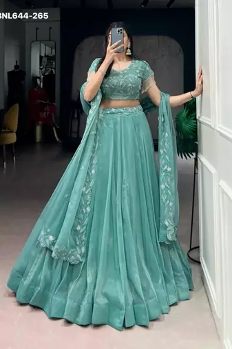 sea green silk blend embroidered lehenga choli