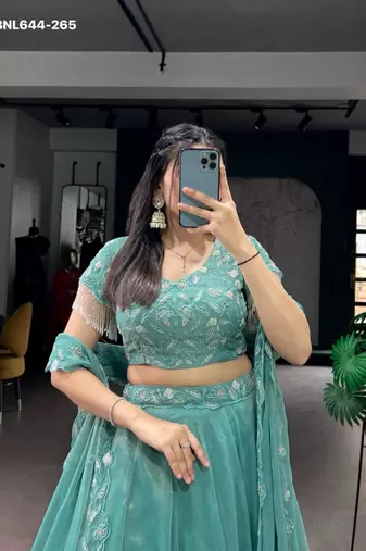sea green silk blend embroidered lehenga choli